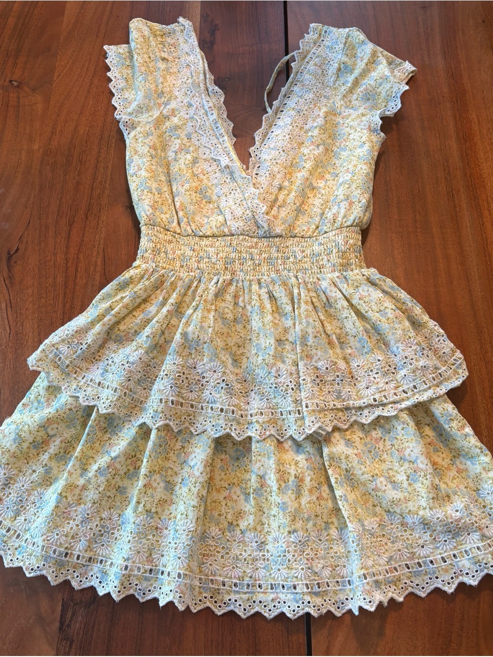 American Eagle Outfitters Yellow Floral Tiered Lace Trim Dress
